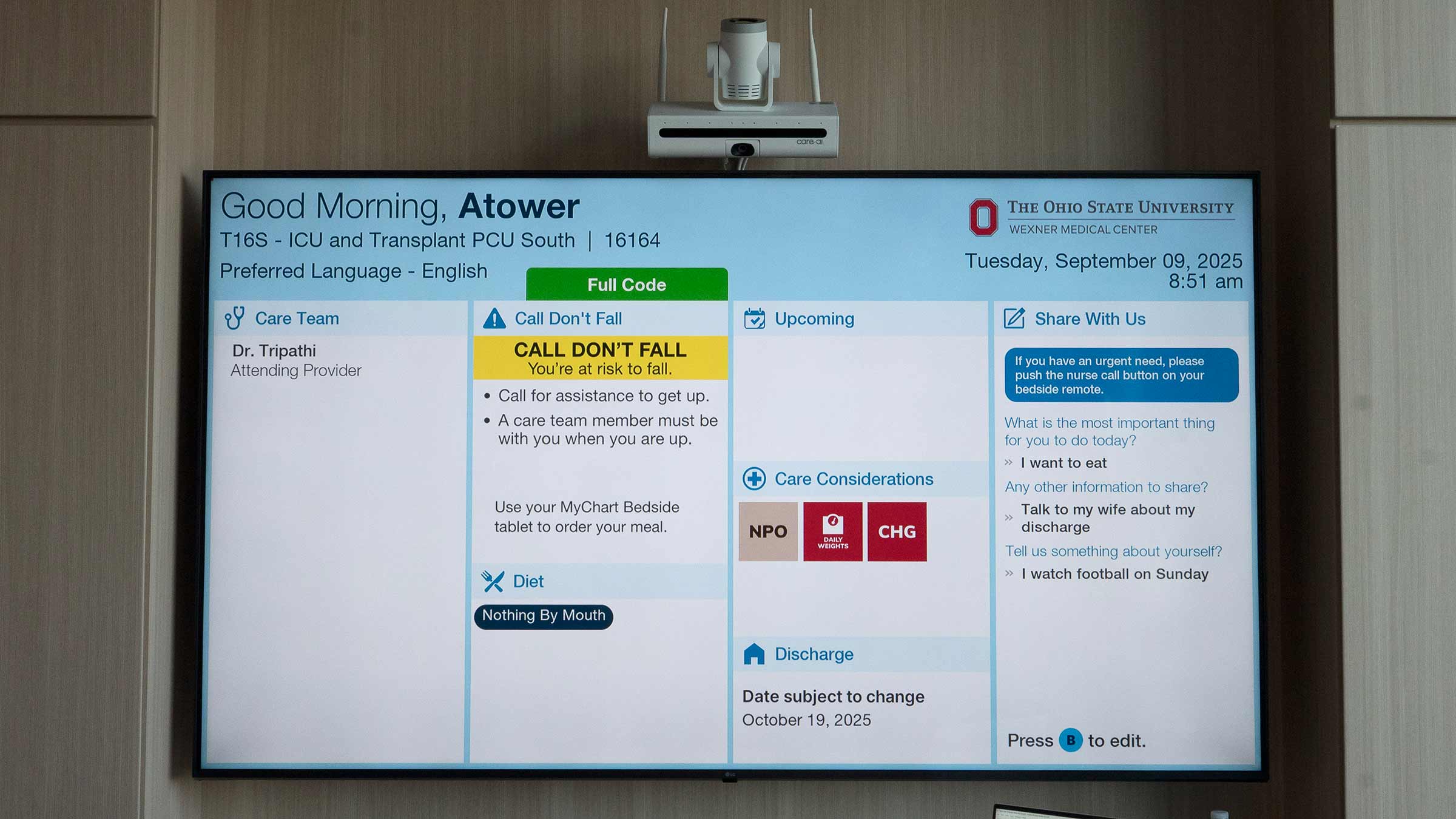 A smart screen in a patient room