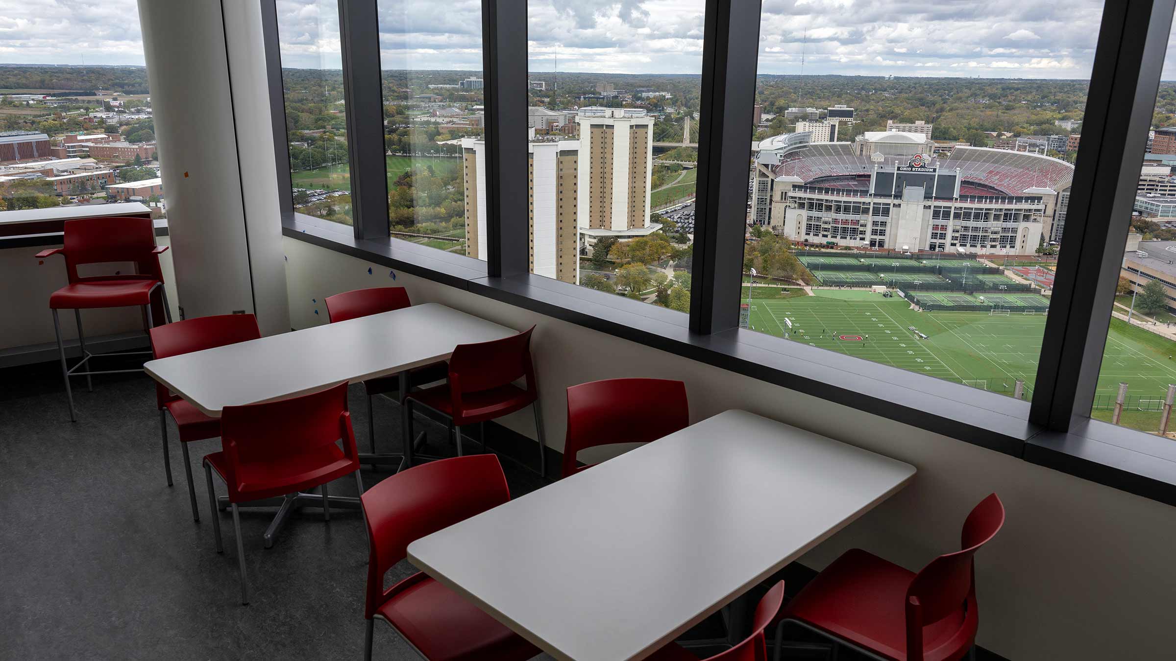 A staff lounge in the new Ohio State University Hospital overlooking Ohio Stadium