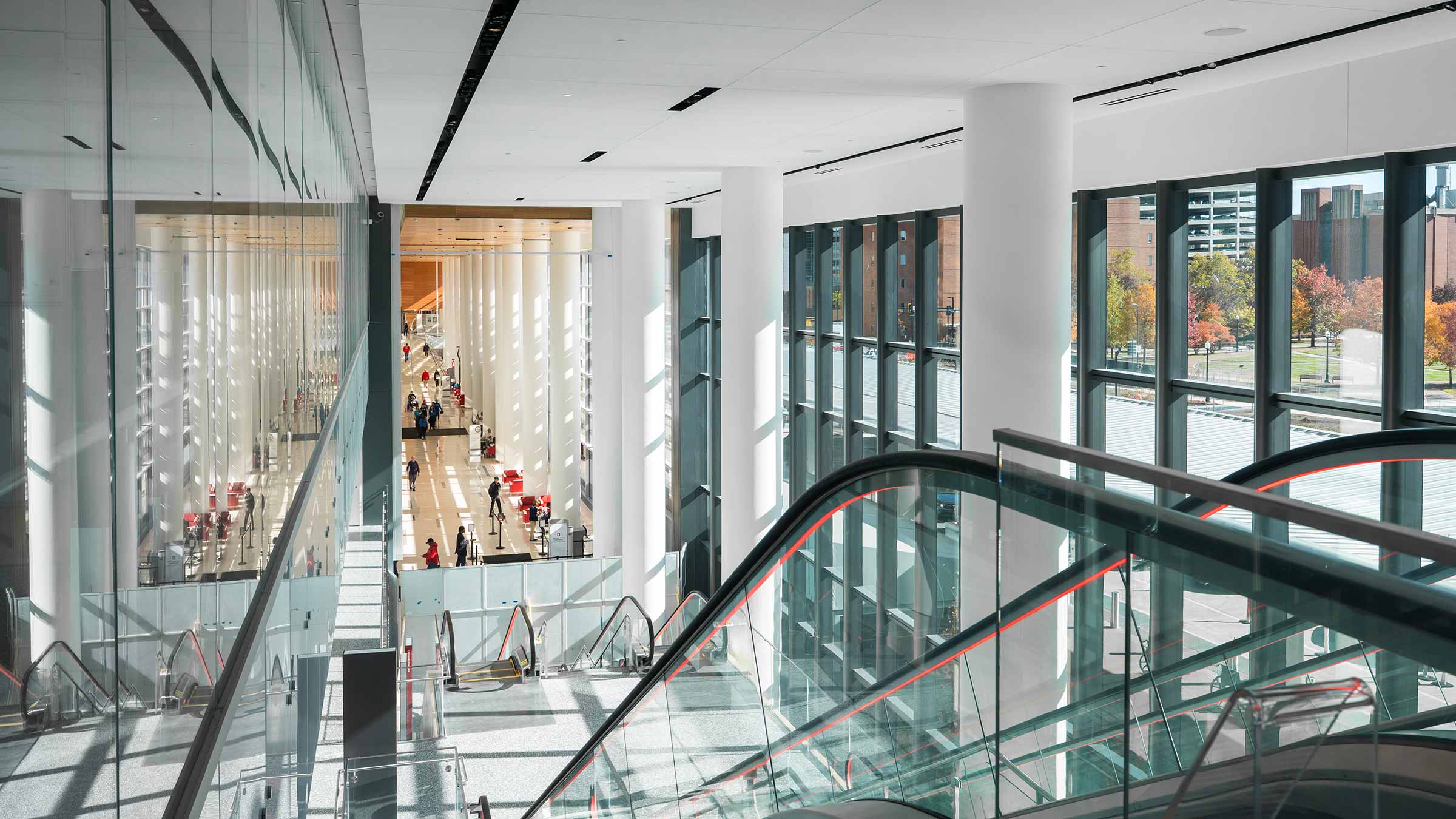 Escalators connecting the new Ohio State University Hospital and the James Cancer Hospital