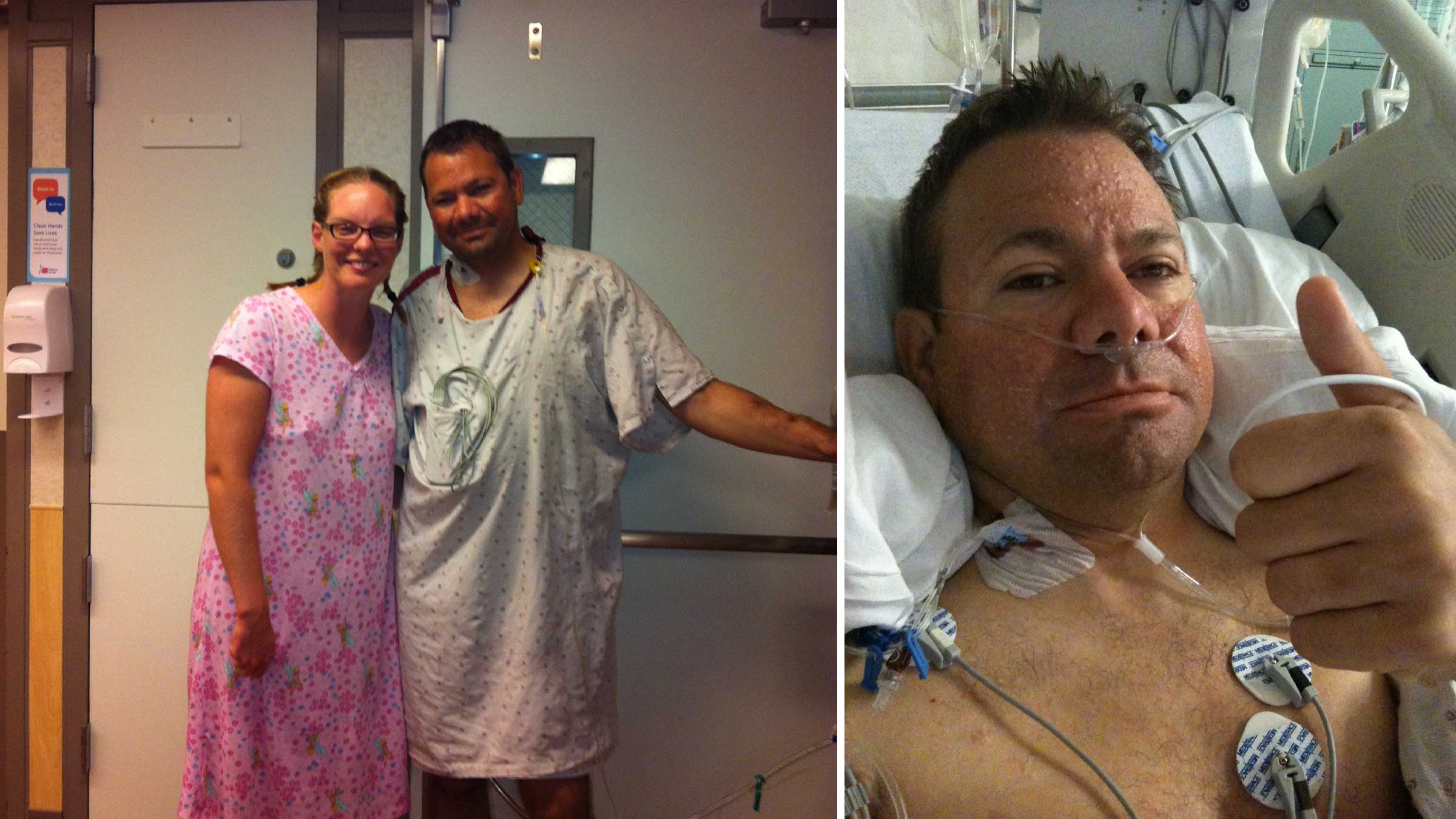 A collage of two photos: Dr. Tipple with his cousin and donor, Heidi, left; and Dr. Tipple in a hospital bed, right