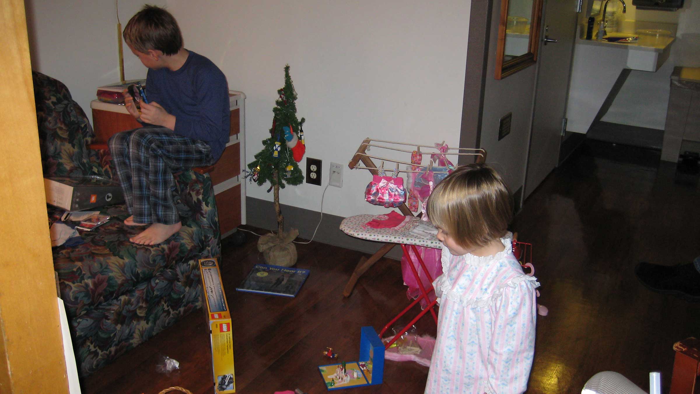 Nate and Sofia Tipple on Christmas morning, 2008, in Dr. Tipple’s room at Ohio State