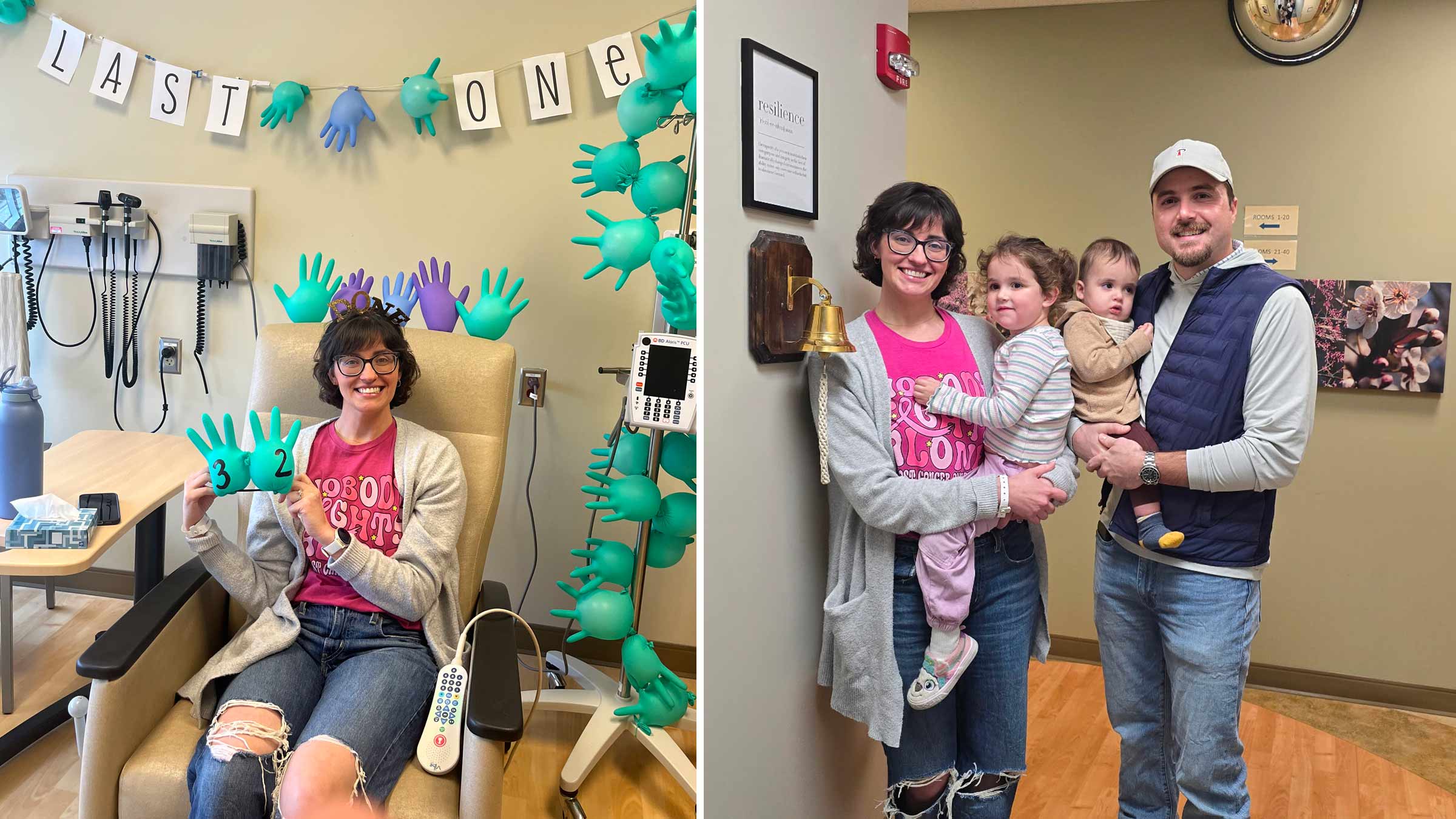 Collage of two photos: Caitlin Conner at her last chemo session, and her with her family next to the bell