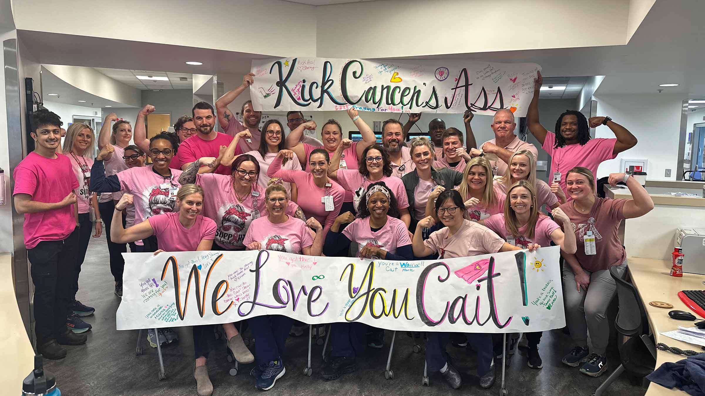 The intensive care unit team at the Ross Heart Hospital wearing pink shirts in support for Caitlin Conner