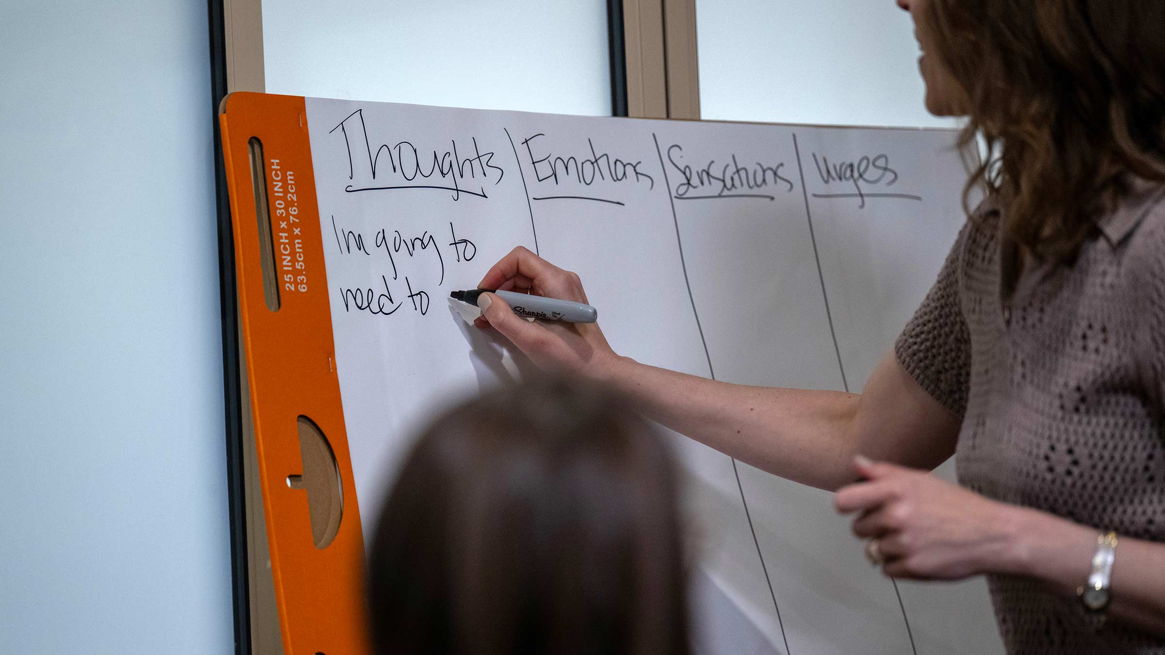Dr. Lazarus writing on a whiteboard: Thoughts, Emotions, Sensations, Urges.