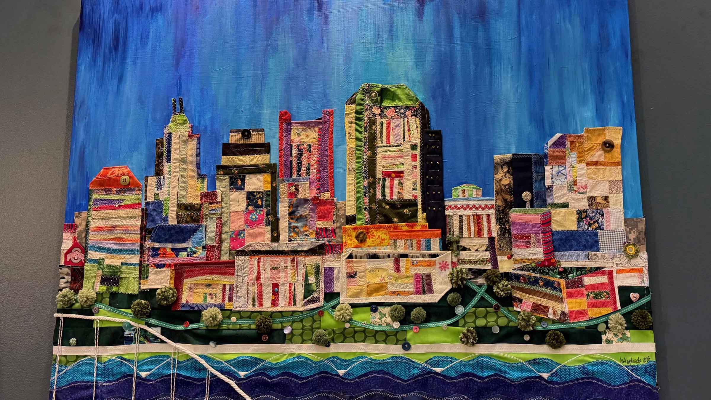 A quilt depicting the Columbus skyline made by Mary Applegate