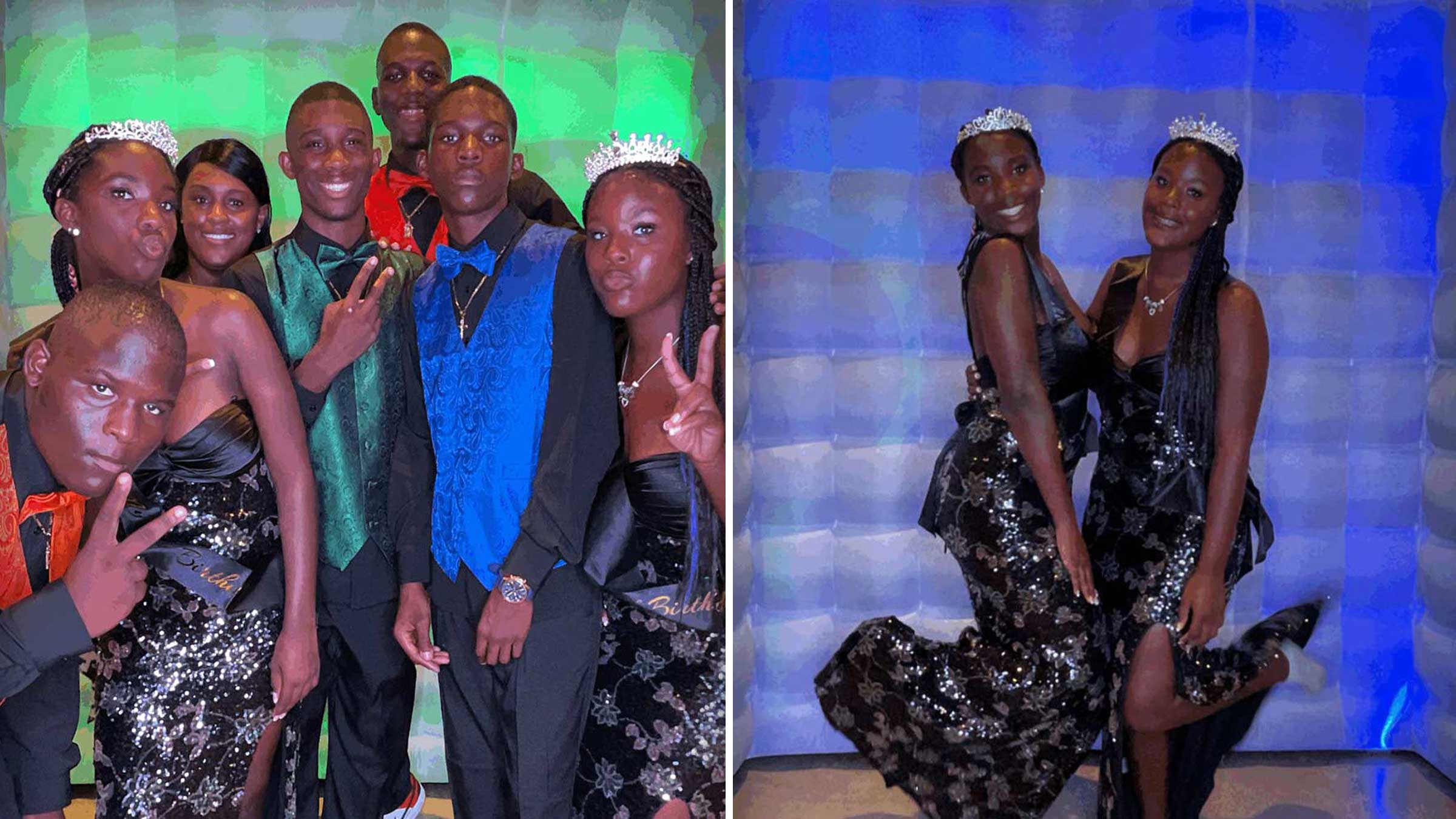 Collage of two photos showing sextuplets with their mother on the left and two sisters on the right