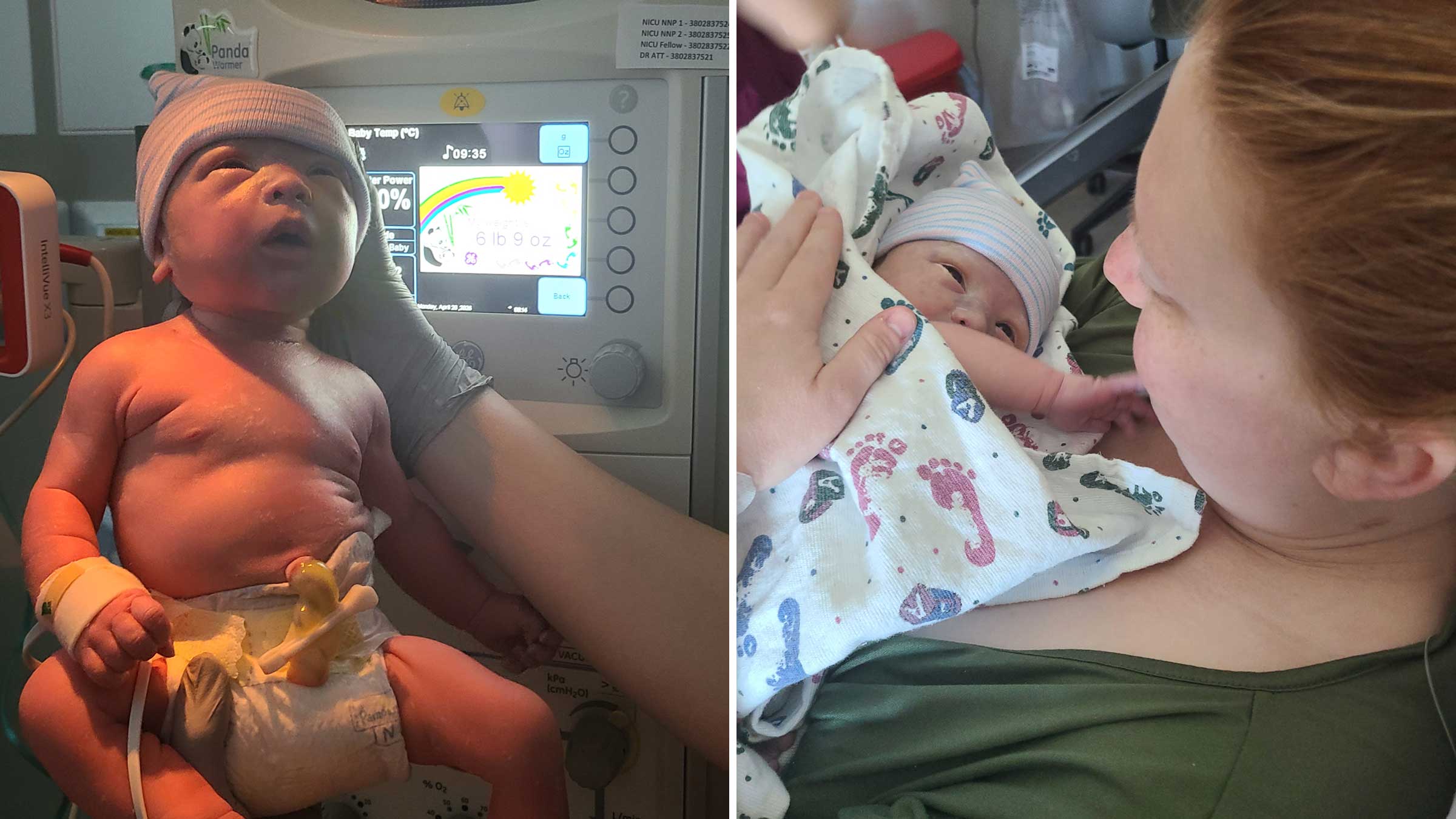 Two photos: Newborn Isaiah McDaniel getting his vitals checked at birth  and his mother holding him in a hospital